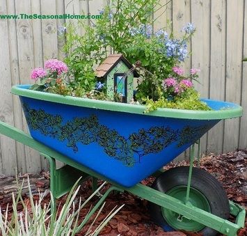 Shed Inspiration, Fairy Garden Containers, Wheelbarrow Planter, Wheelbarrow Garden, Fairy Garden Designs, Faeries Gardens, Fairy Garden Houses, Diy Fairy, Garden Containers