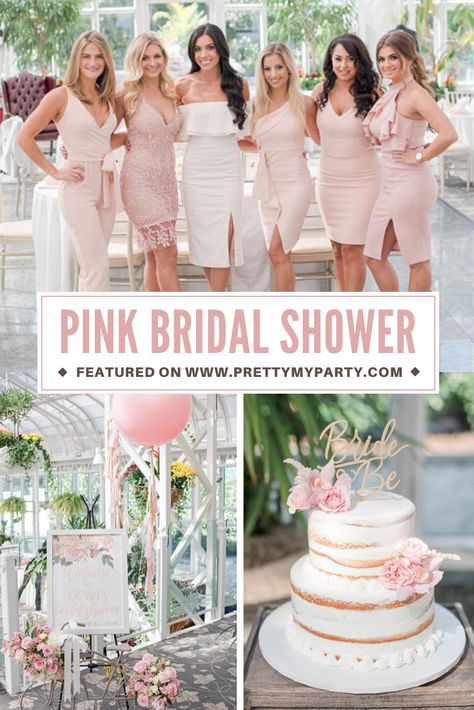 Bridal Shower Themes Pink And Gold, Pink Dress Bridal Shower, Pink White Gold Bridal Shower Decor, Blush And White Bridal Shower Ideas, Blushing Bride Bridal Shower Ideas, Pink White And Gold Bridal Shower Ideas, Neutral Pink Bridal Shower Decor, Pastel Pink Bridal Shower Ideas, Pastel Pink Bachelorette Party