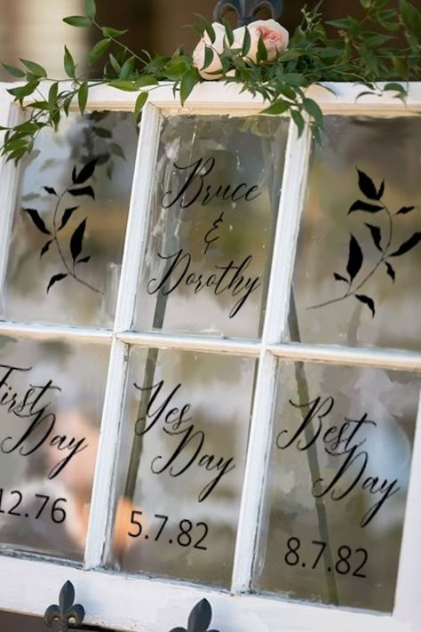 Wedding Welcome Decor, Diy Window Wedding Decor, Glass Door Wedding Decor, Wedding Day Signs Diy, Wedding Decor Using Cricut, Cricut Wedding Present, Window Decor For Wedding, Welcome To Our Wedding Sign Diy, Wedding Gift Ideas Cricut