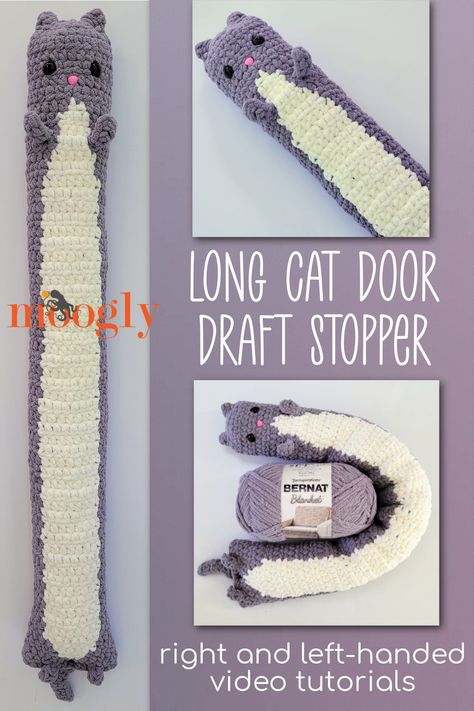 The Long Cat Door Draft Stopper Tutorial will show you how to make this cute and functional feline cozy - in both right and left-handed video tutorials! Follow along with the free written crochet pattern on Moogly! via @moogly Crochet Homeware, Draught Stopper, Doorstop Pattern, Household Accessories, Door Draft Stopper, Long Cat, Door Draught Stopper, Door Draft, Crochet Decor