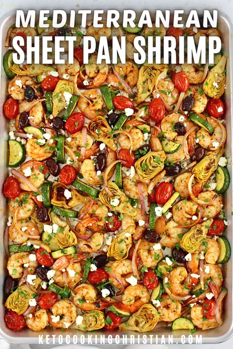 Mediterranean Sheet Pan Shrimp is filled with succulent shrimp and tender veggies, allowing you to experience all the vibrant flavors of the Mediterranean in every single bite. #sheetpanshrimp #Mediterranean #ketoseafooddinner Mediterranean Shrimp Sheet Pan Dinner, Shrimp And Asparagus Sheet Pan Dinner, Easy Shrimp Sheet Pan Recipes, Meditteranean Shrimp Recipes, Mediterranean Diet Recipes With Zucchini, Healthy Shrimp Sheet Pan Dinners, Shred Happens Mediterranean, Sheet Pan Mediterranean Shrimp, Mediterranean Shrimp Dishes