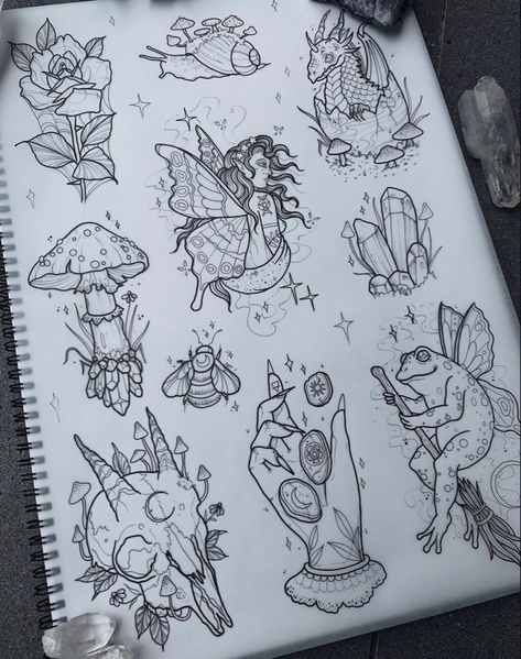 Creatures Sketch, List Tattoo, Fairytale Creatures, Tattoo Apprenticeship, Mushroom Tattoos, Witch Tattoo, Spooky Tattoos, Tattoo Portfolio, Tattoo Flash Art