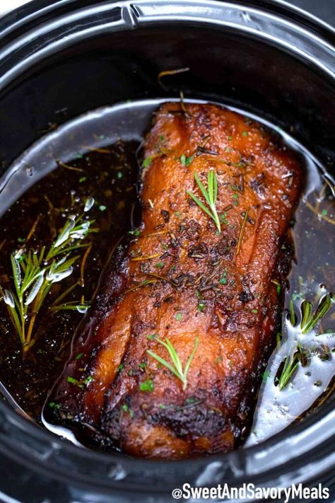 Crock Pot Pork Loin is slowly cooked in a delicious garlic balsamic sauce, resulting in fall-apart tender, and super flavorful meat. #porkloin #slowcooker #crockpotrecipe #sweetandsavorymeals #balsamicporkloin Lion Roast Crock Pot, Lion End Pork Roast Crock Pot, Bone In Pork Loin Crock Pot Recipes, Pork Loin Filet Crock Pot Recipes, Porkloin Slowcooker, Pork Loin Crock Pot Recipes Slow Cooker, Balsamic Pork Loin, Pork Loin Recipes Slow Cooker, Pork Loin Crock Pot Recipes