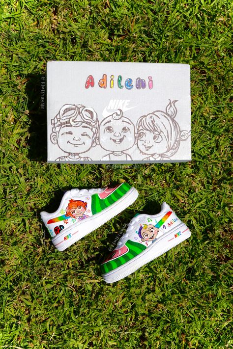 Cocomelon Shoes, Shoes Painting Ideas, Birthday Party Cocomelon, Custom Painted Vans, Custom Baby Shoes, Shoes Painting, Coco Melon, Nike Ad, Air Force One Shoes