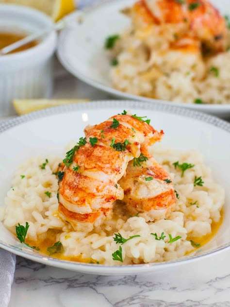 Lobster Butter, Butter Poached Lobster Tail, Butter Lobster, Easy Risotto, Butter Poached Lobster, Risotto Recipes Easy, Lobster Risotto, Poached Lobster, Lobster Recipes Tail