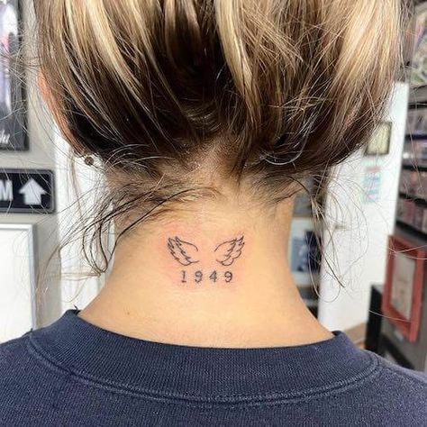 Angel Wing Tattoo Meaning [2023]: Symbolism & 120+ Best Angel Wings Tattoo Designs For Women Angel Wings With Dates Tattoo, Girly Memorial Tattoos, Angel Wing With Date Tattoo, Ladybug With Angel Wings Tattoo, Angel Wing Tattoo With Dates, Angel Wings With Date Tattoo, Angel Wings Tattoo On Back Of Neck, Wing Tattoo Meaning, Mam Tattoo