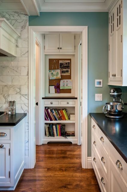 Benjamin Moore Stratton Blue - I'm in love with this color! I want/need to paint my kitchen this pretty greenish-blue. Building Bookshelves, Stratton Blue, Cooking Books, Home Command Center, Teal Kitchen, House Of Turquoise, Kitchen Wall Colors, Up House, Kitchen Marble