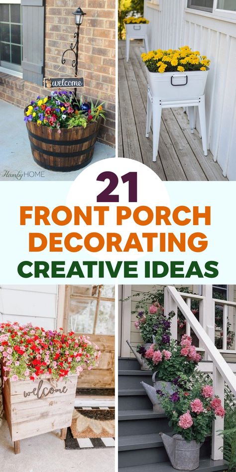 Elevate your home's curb appeal with inspiring front porch decor ideas that will warmly welcome your guests. Transform your entryway into a cozy retreat by incorporating inviting elements like a charming porch swing or a pair of rocking chairs adorned with colorful cushions and seasonal wreaths. Create an outdoor sanctuary perfect for relaxing and entertaining, where you can unwind in style all year round. Upgrade your space with simple yet elegant touches that capture the essence of each season Planter Crafts Diy Projects, Welcome Planter Box Diy, Porch Plants Ideas, Narrow Porch Decorating Ideas, Easy Diy Front Porch, Modern Mailbox Diy, Small Front Porch Decorating Ideas, Porch Seating, Front Porch Seating