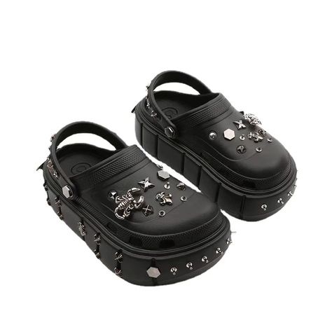 https://s.click.aliexpress.com/e/_oDucgpk Top On Sale Product Recommendations!;Sunny Color Rivet Hole Shoes Women's Summer Thick Bottom Punk Retro Fashion Ins Trend Closed-Toe Slippers;Original price: PKR 9309.22;Now price: PKR 9309.22; Emo Crocs, Goth Punk Aesthetic, Platform Slip Ons, Platform Crocs, High Platform Shoes, Black Crocs, Shoes Crocs, Bat Design, Chunky Platform Sandals