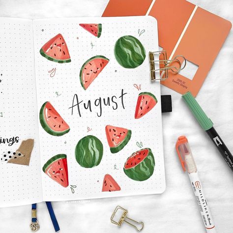 August Cover Page, Bullet Journal Month Cover, Bullet Journal Bookshelf, August Bullet Journal Cover, Bullet Journal August, August Themes, Watermelon Theme, Bullet Journal Month, Creating A Bullet Journal