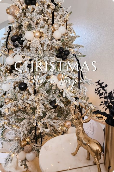 Brown White And Gold Christmas Tree, White Gold Black Christmas Decor, Flocked Christmas Decor Ideas, Black Velvet Bows On Christmas Tree, Tan And Black Christmas Tree, Black And Gold Flocked Christmas Tree, White Gold Black Christmas Tree, White Gold And Black Christmas Tree, Moody Flocked Christmas Tree