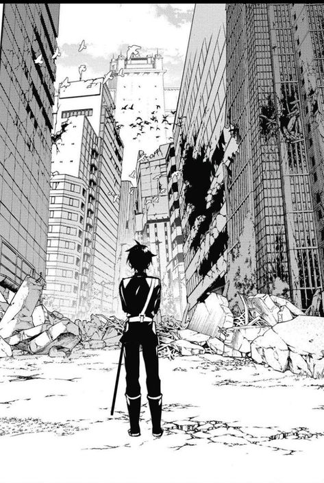 Building Comic Background, Manga Building Background, Destroyed City Drawing Reference, Manga City Backgrounds, Seraph Of The End Background, Destroyed Building Drawing, Cyberpunk City Drawing, Manga Background Landscapes, Destroyed City Drawing