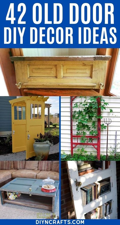 Create amazing old door decor ideas for your home and garden using these examples that showcase you both style and function! This list of upcycled door ideas is great for creating fun home decor projects using repurposed and recycled wooden doors. #Upcycled #Repurpose #Recycle #OldDoors #HomeDecor #GardenDecor Bifold Door Craft Ideas, Wood Door Projects Ideas, Reclaimed Door Projects, Ideas With Old Doors, Upcycle Doors Ideas, Old Door Display Ideas, Repurpose Closet Doors Diy Projects, Diy Old Doors Repurposed, Old Glass Door Ideas Repurposed