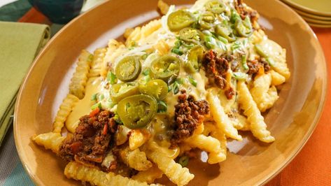 Sunny's Nunya Business Chili Cheese Fries Recipe | Sunny Anderson | Food Network Nunya Business, Chili Cheese Fries Recipe, Cheese Fries Recipe, The Kitchen Food Network, Giada Recipes, Sunny Anderson, Chili Cheese Fries, Nacho Cheese Sauce, Loaded Fries