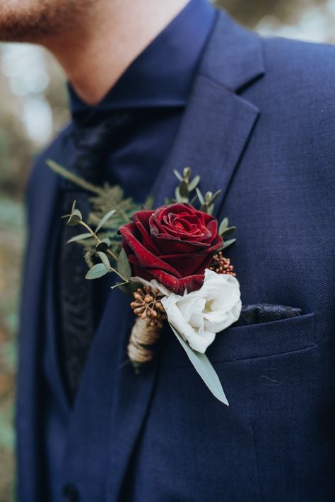 Red And White Rose Boutonniere, Wedding Flowers Dark Red, Eucalyptus And Red Roses, Burgundy And White Boutonniere, Red Wedding Boutonniere, Red Flower Boutonniere, Red White Boutonniere, Red Rose Boutineer, Red Boutonniere Wedding