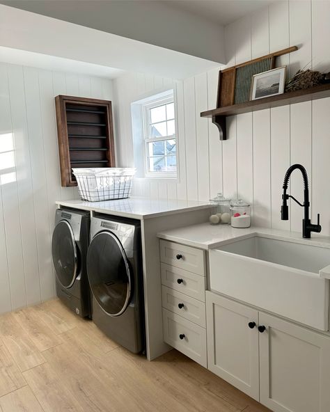 Pale Oak Laundry Room with finished Chantilly Lace Ready Pine vertical shiplap Laundry Room Wash Basin Ideas, White Beadboard Laundry Room, Pale Oak Chantilly Lace, Vertical Shiplap Wall Laundry Room, White Shiplap Laundry Room, Laundry Room Bead Board, Vertical Shiplap Laundry Room, Shiplap Laundry Room Wall, Laundry Room Shiplap Wall