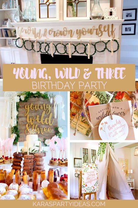 Kara's Party Ideas Young, Wild & Three Birthday Party | Kara's Party Ideas 3rdbirthday Party Ideas, 3 Yrs Old Girl Birthday Party Ideas, Turning Three, Wild And Three Decorations, Wild And Three Birthday Party, Three Girl Birthday Party Ideas, Girl Three Year Old Birthday Theme, Three Year Old Party Theme, Young Wild Three Birthday Party