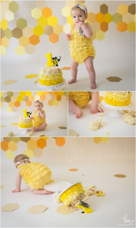 1st birthday cake smash session bee themed Bumble Bee Photoshoot, Bee Photoshoot, Bee Cake Smash, Bee 1st Birthday, Bee Birthday Theme, Bee Themed Birthday Party, Cake Smash First Birthday, Bee Cake, Bumble Bee Birthday