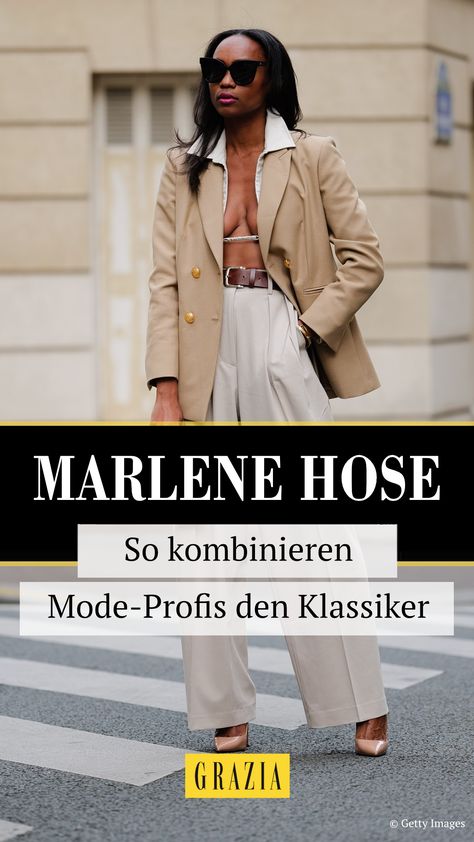 Für jeden Anlass und Figurtyp geeignet: Die Marlene Hose ist ein zeitloser Klassiker, der in keinem Kleiderschrank fehlen sollte. Wir verraten dir, warum so viele Mode-Profis dem Modell verfallen sind und wie du die Marlene Hose perfekt kombinieren kannst. Beige Hose, Marlene Hose, Fashion Weeks, Blazer, Sneakers