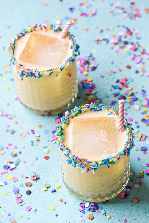 Birthday Cake Cocktail, Birthday Cake Drink, Horchata Cocktail, Dole Pineapple Juice, Dole Pineapple, Orange Vodka, Fancy Sprinkles, Birthday Cocktails, Cinnamon Cake