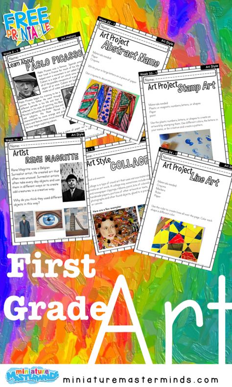 First Grade – Miniature Masterminds Art First Grade, First Grade Language Arts, Homeschool Art Curriculum, 2023 Classroom, Grade 1 Art, First Grade Curriculum, Art Elementary, Book Miniature, Steam Art