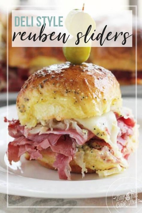 Grab a tasty Reuben Sliders! Deli sliced corned beef, gooey cheese, zesty kraut, tangy homemade sandwich sauce, AND a buttery slider roll. You KNOW these are gonna be great. #reubensliders #reuben #sliders Reuben Sliders Recipes, Corned Beef Sliders Hawaiian Rolls, Reuben Sliders Hawaiian Rolls, Hawain Roll Sliders, Ruben Sliders, Bacon Bourbon Meatballs, Nye Appetizers, Sandwich Sauce, Reuben Sliders