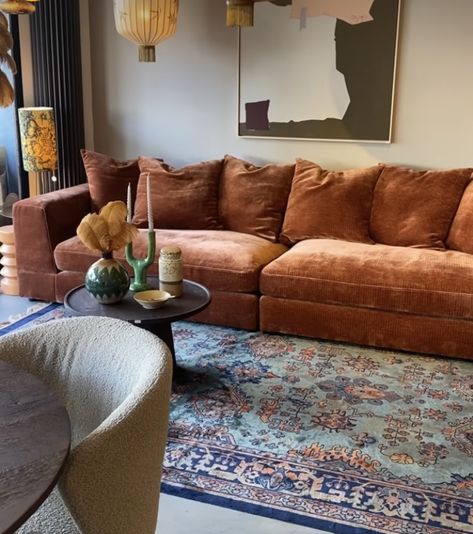 Copper Sofa Living Room, Cinnamon Sofa Living Rooms, Statement Sofa Living Room, Ochre Couch, Rust Velvet Couch, Terracotta Couch Living Rooms, Rust Sofa Living Room, Copper Couch, Brown Velvet Couch