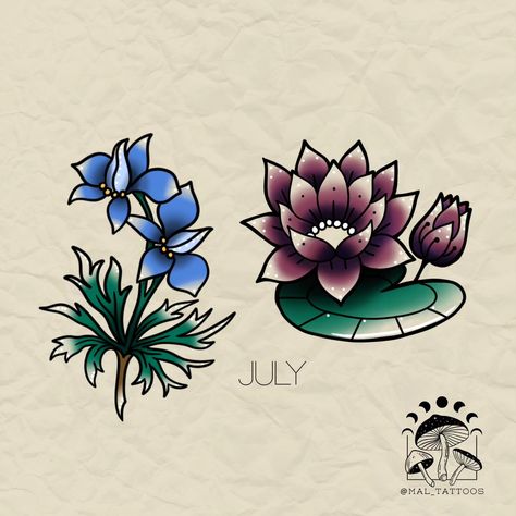 🌼🌸 BIRTH FLOWER FLASH DESIGNS 🌸🌼 Hey folks! Mallory here, bringing back some of your favorite birth flower traditional tattoo flash designs! 🌺💐 Ever wanted to carry around a piece of nature without the pesky watering? Now’s your chance! For just $50 to book, you can have a gorgeous flower that’ll never wilt (unless you forget sunscreen 😅). These beauties are repeatable, so bring your friends, your mom, or anyone who loves a good floral tattoo! 🌻 DM to book and let’s get you inked up with s... Flower Traditional Tattoo, July Birth Flower Tattoo, Floral Reference, Flower Flash, American Traditional Sleeve, Water Lily Tattoos, Flash Drawing, Americana Tattoo, Flower Floor