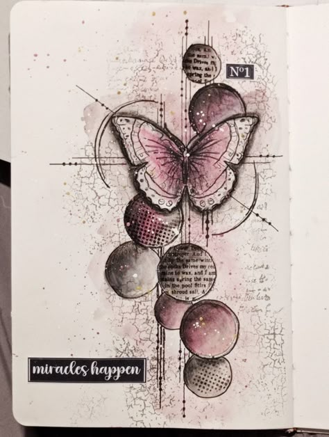 Butterfly, art journal pink, grey, black, circle Butterfly Art Journal, Bullet Journal Topics, Handmade Journals Diy, Journal Techniques, Art Journal Cover, Mixed Media Cards, Diy Journal Books, Travellers Notebook, Bullet Journal Diy