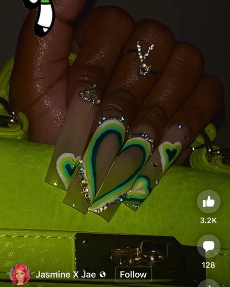 Green Freestyle Nails Acrylic, Green Nails Emerald St Patrick, Long St Patricks Day Nails, St Patrick’s Day Acrylic Nails, St Patrick Nail Ideas, St Patrick’s Nail Designs, St Patrick Nail Designs, Green Stiletto Nails Designs, Green Valentines Nails