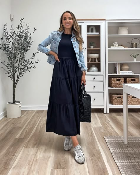 Mix and Match Teacher Outfit Ideas - Merrick's Art Long Dress Denim Jacket, Maxi Dress Jean Jacket Outfit, Black Dress And Denim Jacket Outfit, Long Dress With Denim Jacket, Maxi Dress Denim Jacket Outfit, Chucks And Dress Outfit, Jean Jacket Over Dress, Black Dress Outfit With Jacket, Denim Jacket Outfit Dress