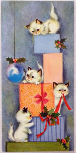 . Vintage Holiday Cards, Vintage Christmas Greeting Cards, Christmas Kitten, Vintage Christmas Images, Images Vintage, Old Christmas, Old Fashioned Christmas, Christmas Past, Noel Christmas