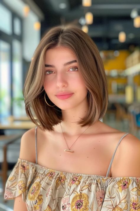 Woman with shoulder-length brown hair in a floral off-the-shoulder top, standing in a well-lit café. Inverted Layered Bob Hairstyles, Asymmetrical Inverted Bob, Inverted Layered Bob, Haircut For Women Over 50, Bob With Shaved Side, Inverted Bobs, Asymmetrical Haircuts, Angled Haircut, Side Shave