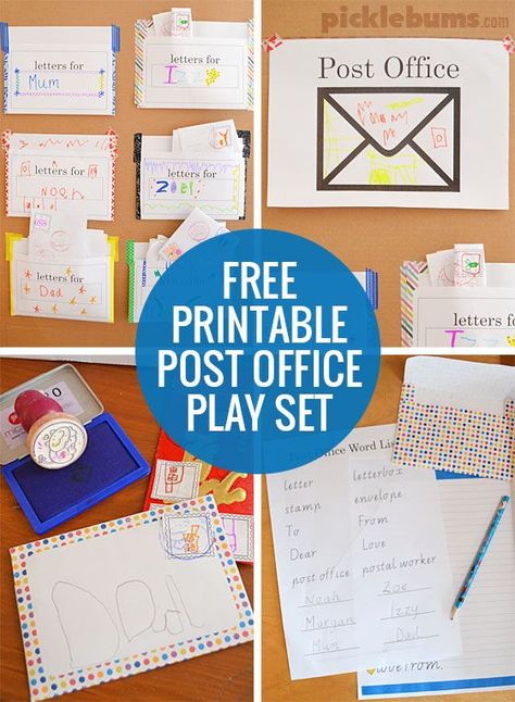 Post Office Play - use our free printables to set up your own post office complete with stamps and personal letter boxes! Post Office Activities, Post Office Play, Pretend Play Printables, Community Helpers Theme, Community Helpers Preschool, Letter Boxes, Dramatic Play Preschool, Dramatic Play Area, Preschool Centers