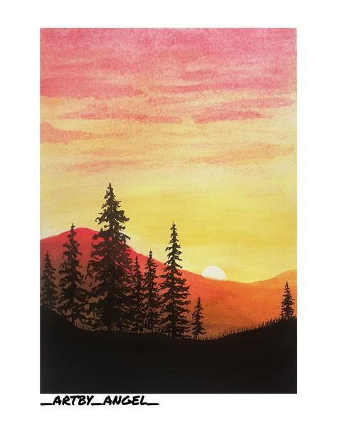 Sunset With Trees Painting Easy, Mountain Sunset Watercolor, Fall Sunset Painting, Mountain Sunset Painting Easy, Sunset Watercolor Painting Easy, Sunset Mountains Painting, Sunset Forest Painting, Tree Sunset Painting, Sunset Mountain Painting