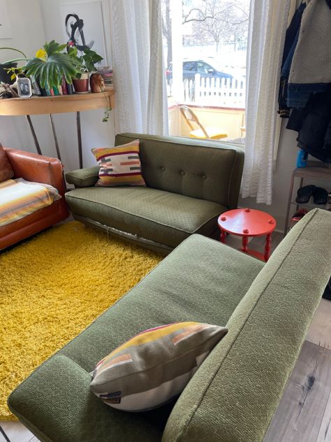 Article Green Couch, Thrifted Couch, Green Couch Retro Living Room, Retro Couch Walmart, Olive Green Gold Mcm Sofa Couch, Thrift Store, Decor Ideas, Couch, Apartment