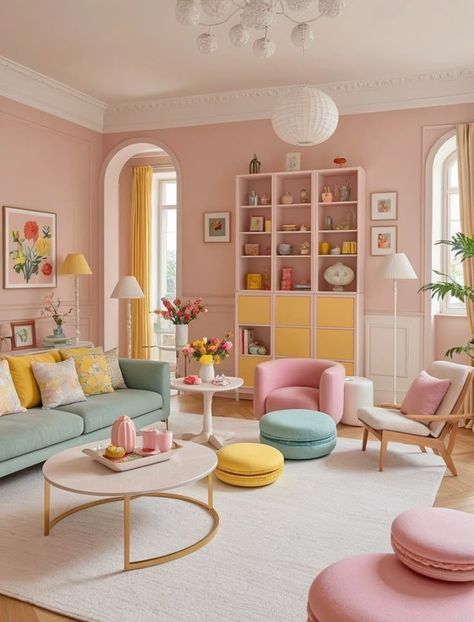 Colourful Pastel Living Room, Pink And Yellow Office Ideas, Pastel Blue Sofa Living Room, Living Room Pastel Colors Inspiration, Pastel Apartment Aesthetic Living Room, Cute Living Room Color Schemes, Pastel And Wood Interior, Living Room Designs Pastel Colors, Yellow And Pink Living Room Ideas