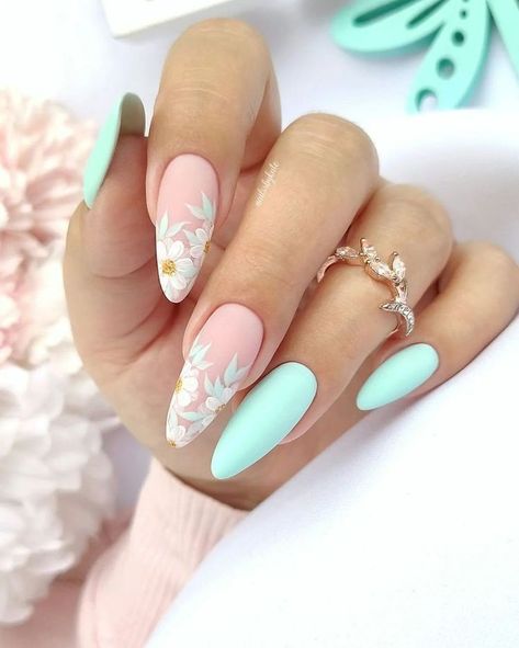 Turquoise Nails, Bunny Nails, Milky Nails, Easter Nail Designs, Flower Nail Designs, Easter Nails, Pastel Nails, Gel Nail Designs, Floral Nails