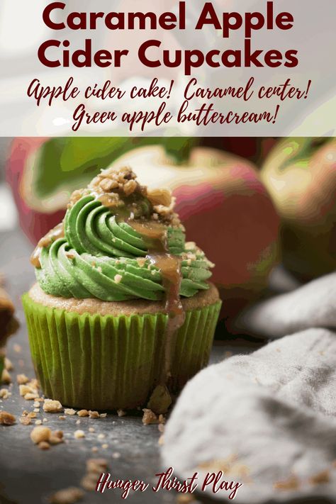 Caramel apple goodness laced in every bite! These caramel apple cupcakes are the perfect fall dessert and a sweet spin on the classic caramel covered treat. Apple cider cupcakes, caramel filling, green apple buttercream and salted caramel drizzle and walnuts on top. Caramel apple cupcakes from scratch are worth the extra time, all your family and friends will love these fall treats! #fallbaking #appledesserts #caramelapple Green Apple Cupcakes, Green Apple Dessert, Apple Buttercream, Spiced Walnuts Recipe, Macaron Fillings, Apple Cider Cupcakes, Apple Cider Cake, Apple Spice Cupcakes, Cider Cake