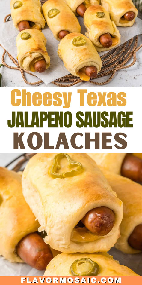 Cheesy Texas Jalapeno Sausage Kolaches are different than Czech kolaches because, in addition to sausage, we added jalapeños and cheddar cheese. Kolaches are a popular breakfast pastry in Texas, found at most donut shops and bakeries in Central, Southeast, and South Central Texas. If you have ever stopped at a Bucee’s in Texas on I-35 or I-10 and tried one of their breakfast kolaches, you will know how good these sausage, jalapeño, and cheddar-stuffed pastries are. Kolache Recipe Easy, Homemade Kolaches Easy, Bake Sale Ideas Savory, Easy Kolache Recipe, Ham And Cheese Kolaches, Jalapeno Kolache Recipe, Sausage Cookies, Breakfast Kolache Recipe, Kolache Dough Recipe Bread Machine