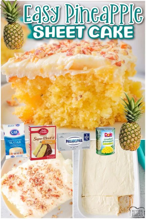 Pineapple Sheet Cake is a delightful tropical dessert that is perfect for pineapple lovers! This sheet cake is made with cake mix, pineapple, pudding mix & is topped with delicious cream cheese frosting. Pudding Cream Cheese Frosting, Pineapple Sheet Cake Recipe, Pineapple Sheet Cake, Pineapple Poke Cake, Easy Pineapple Cake, Coconut Sheet Cakes, Pineapple Pudding, Yellow Cake Mix Recipes, Pineapple Cake Recipe