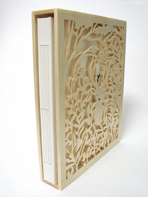 woodland papercuts, custom-made wooden book sleeve Book Packaging, Creative Books, Wooden Books, Publication Design, Book Sleeve, Design Book, 3d Laser, Handmade Books, Book Binding