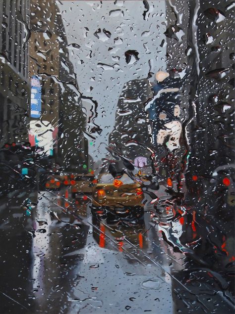 Oil Painting Art Aesthetic, Rainy Canvas Painting, Architecture Oil Painting, Rain Paintings, Rain Oil Painting, City Paintings, Street Landscape, Street Architecture, City Rain