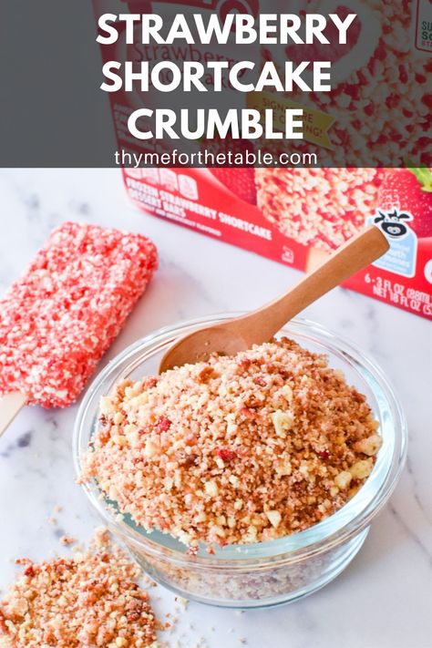 Learn how to make Strawberry Shortcake Crumble! Use this strawberry shortcake crunch on ice cream, cake, yogurt and more! This mouthwatering dessert combines the classic flavors of strawberry shortcake with a delightful crunch, thanks to the irresistible strawberry crunch crumble recipe. It tastes just like the Good Humor Strawberry Shortcake ice cream bars! How To Make Strawberry Shortcake Crumble, Strawberry Crunch Crumble Recipe, Strawberry Crunch Crumble, Starberry Shortcake, Strawberry Shortcake Crunch, Good Humor Strawberry Shortcake, Strawberry Shortcake Crumble, Strawberry Shortcake Ice Cream Cake, Shortcake Crumble