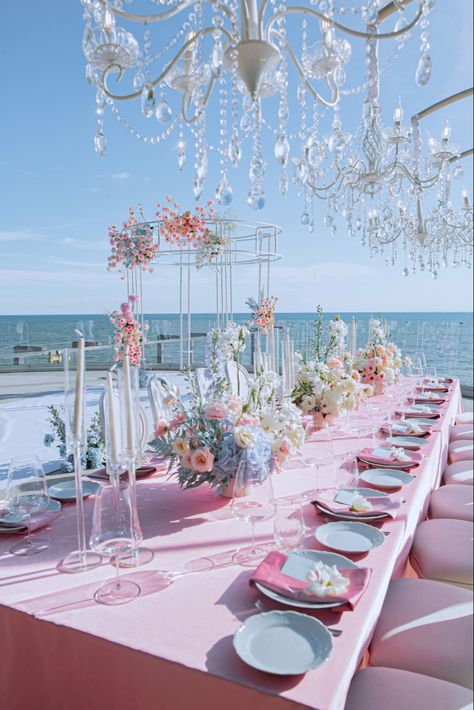 Pink Beach Wedding, Ocean Wedding Theme, Beach Wedding Pink, Pastel Beach, Pastel Theme, Sea Wedding, Ocean Wedding, Ocean Party, Pink Ocean