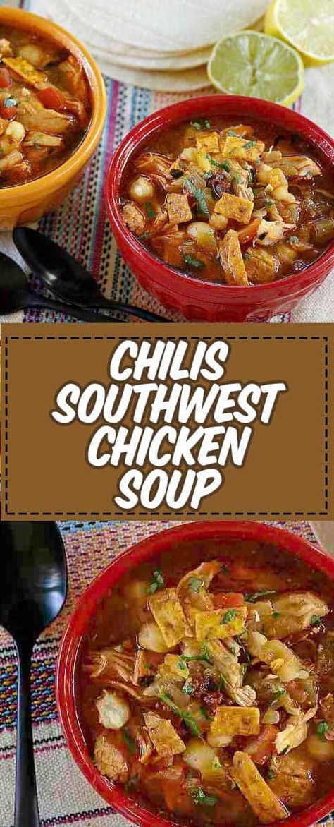 You can recreate Chilis Southwest Chicken Soup at home with this easy recipe. Packed full of chicken, hominy, beans and more. This soup is filling and so delicious. #copykatrecipes #chickensoup #chilis Chilis Southwest Chicken Soup, Soup With Hominy, Southwest Soup, Chilis Copycat Recipes, Southwestern Chicken Soup, Southwest Chicken Soup, Pollo Teriyaki, Chipotle Peppers, Southwest Chicken