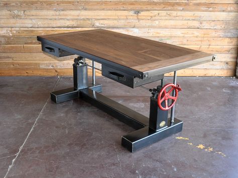 Crank Desk | Vintage Industrial Furniture Industrial Artwork, Table With Wheels, Industrial Wall Art, Industrial Style Furniture, French Industrial, Industrial Dining Table, Industrial Desk, Industrial Dining, Vintage Industrial Furniture