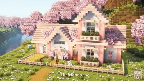 Pink And Green Minecraft House, Pink Room Minecraft, Cute Minecraft Houses Pink, Cute Cottage Minecraft, Minecraft Pink House, Cottage Minecraft House, Stable Minecraft, Pink Minecraft, Minecraft Town