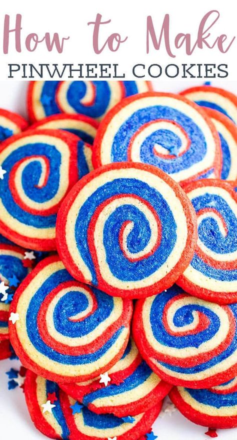 Classic, slice and bake soft sugar cookies get dressed up as a July 4 cookie! Patriotic pinwheel cookies have sweet swirls of red white and blue. #cookies #pinwheels #comfortfood #july4 #patriotic Red White And Blue Cake Mix Cookies, Red And White Pinwheel Cookies, 4th Of July M&m Cookies, Crumble Patriotic Cookie, 4th Of July Sprinkle Cookies, Blue Party Foods, How To Make Pinwheels, Memorial Day Desserts, Icebox Cookies