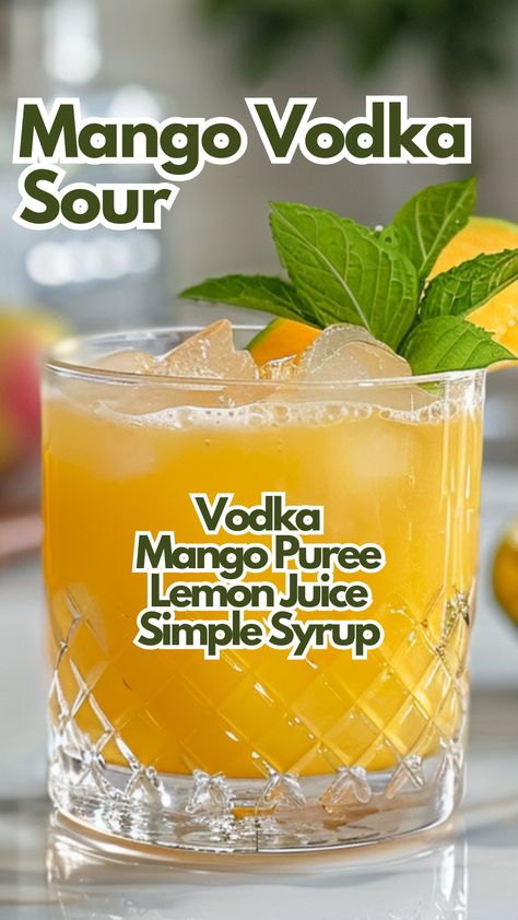 Mango Vodka Sour Mango Garnish, Fruity Vodka Drinks, Mango Cocktails, Low Calorie Alcoholic Drinks, Sour Cocktails, Mango Vodka, Cocktail Cards, Vodka Sour, Mango Cocktail